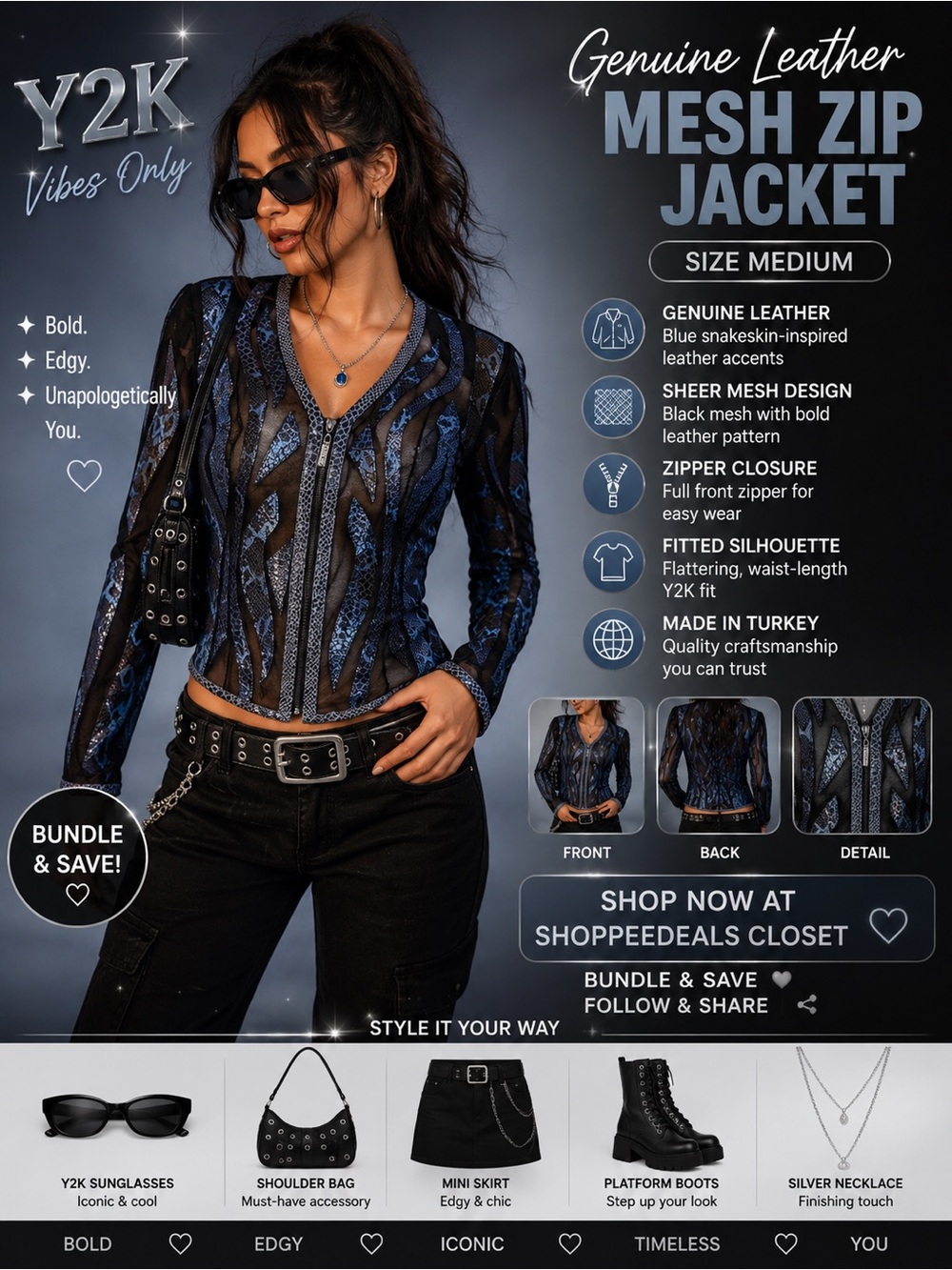 Blue Genuine Leather & Mesh Zip Front Jacket | Size Medium | Y2K Statement Piece